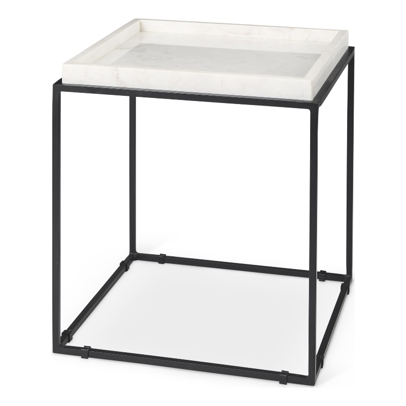 Maklaine Contemporary Square Top White Marble and Black Metal End/Side Table