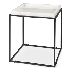 Maklaine Contemporary Square Top White Marble and Black Metal End/Side Table