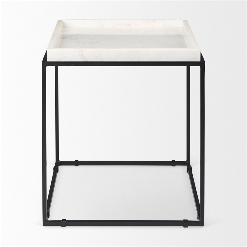 Maklaine Contemporary Square Top White Marble and Black Metal End/Side Table