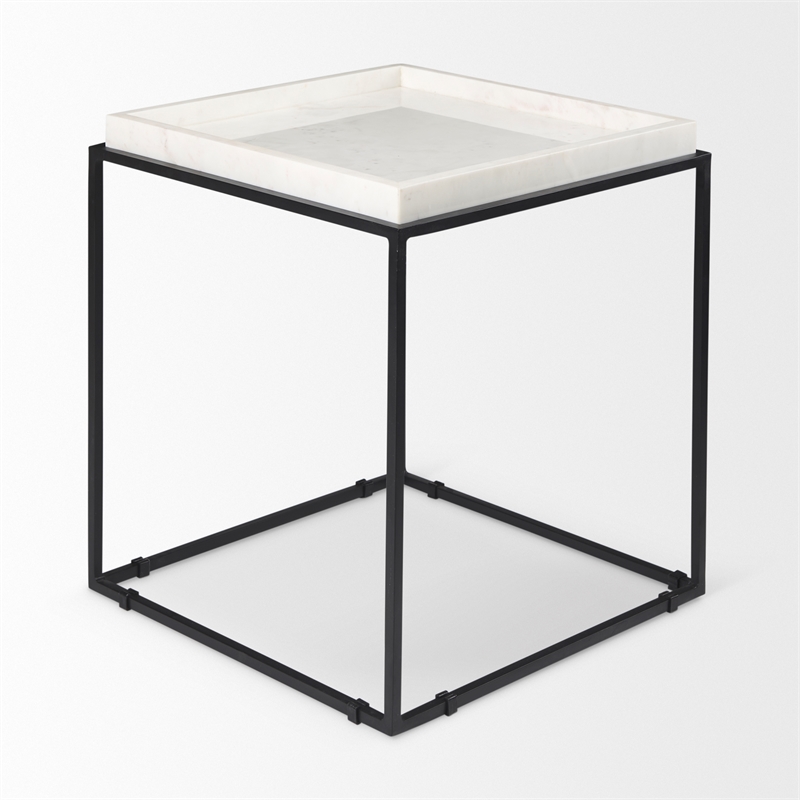 Maklaine Contemporary Square Top White Marble and Black Metal End/Side Table