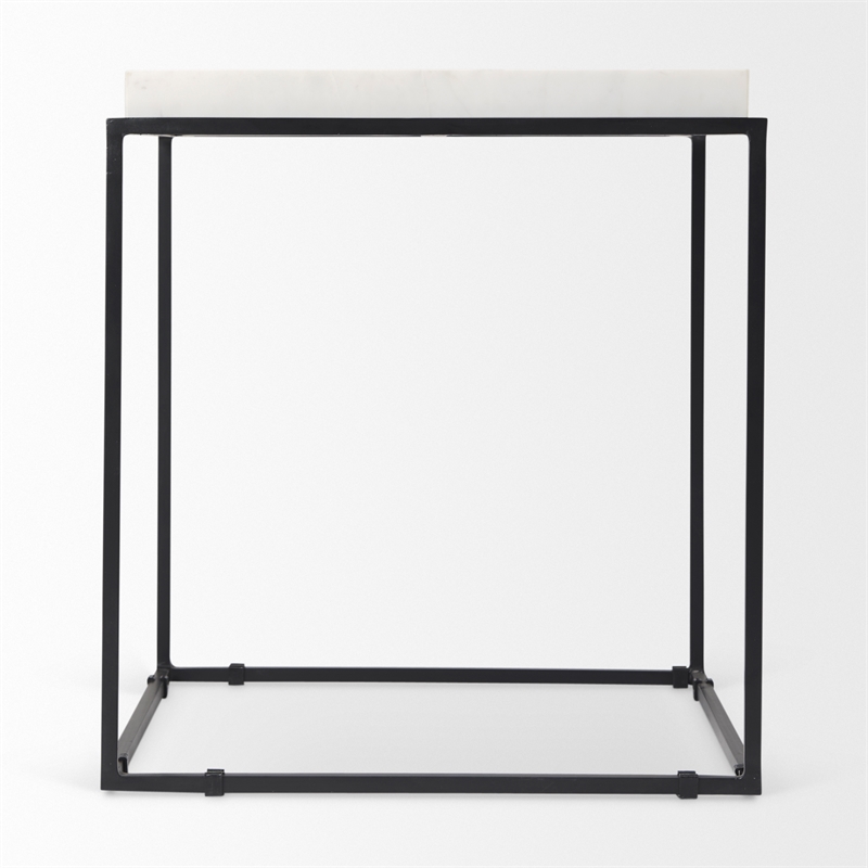 Maklaine Contemporary Square Top White Marble and Black Metal End/Side Table