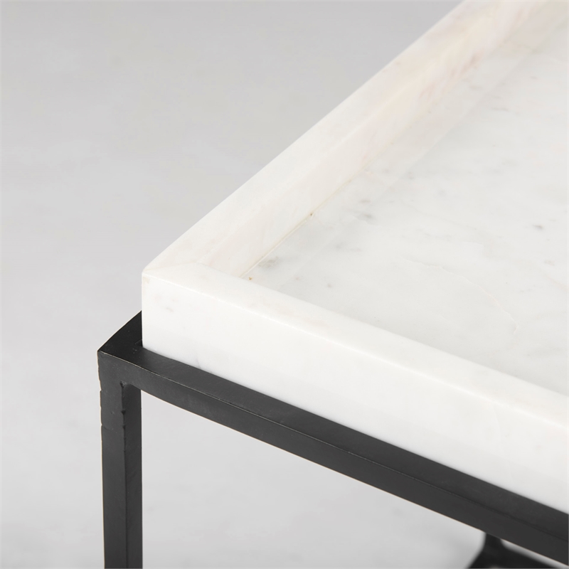 Maklaine Contemporary Square Top White Marble and Black Metal End/Side Table