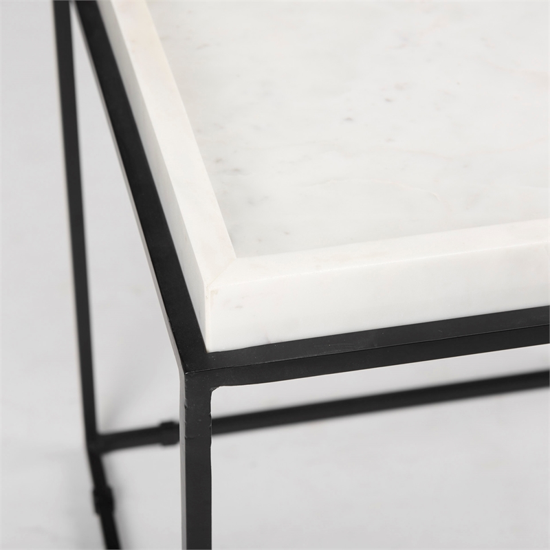 Maklaine Contemporary Square Top White Marble and Black Metal End/Side Table
