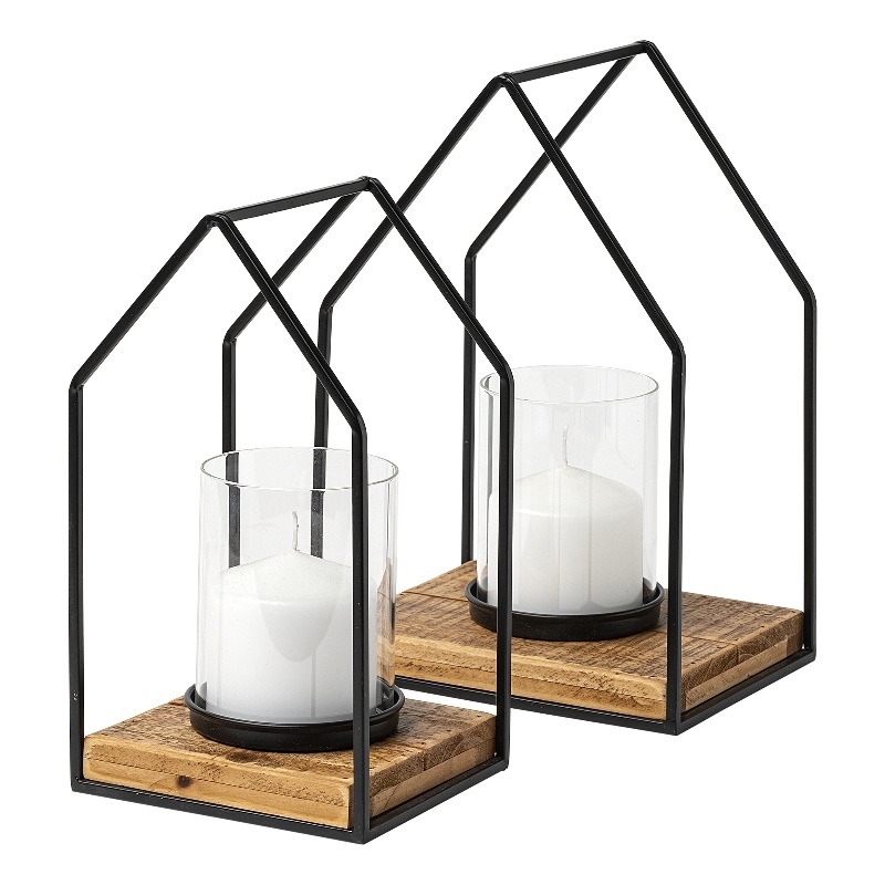 Maklaine Mid-Century Set of Two Black Metal Wooden Base Table Candle Holders
