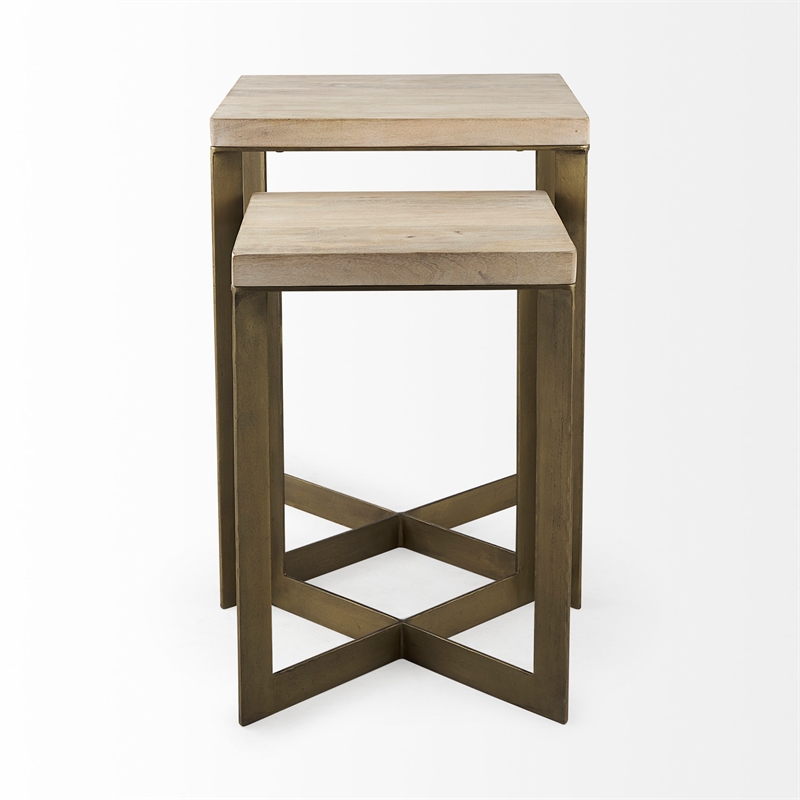 Maklaine Light Brown Wood with Gold Metal Base Accent Tables