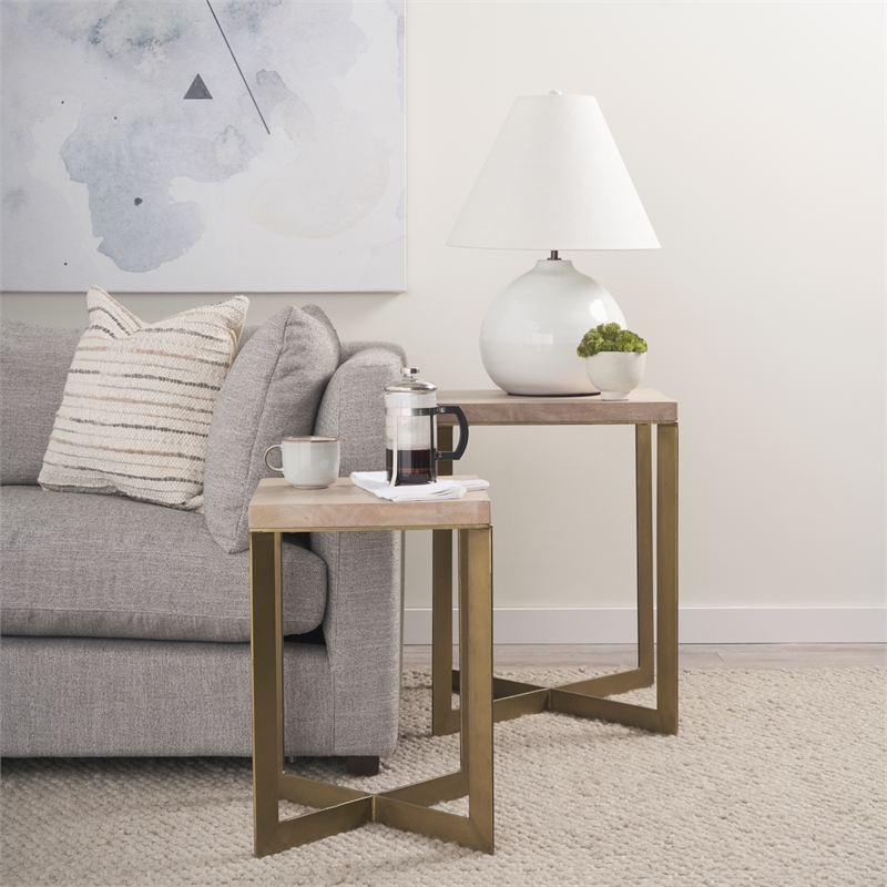 Maklaine Light Brown Wood with Gold Metal Base Accent Tables