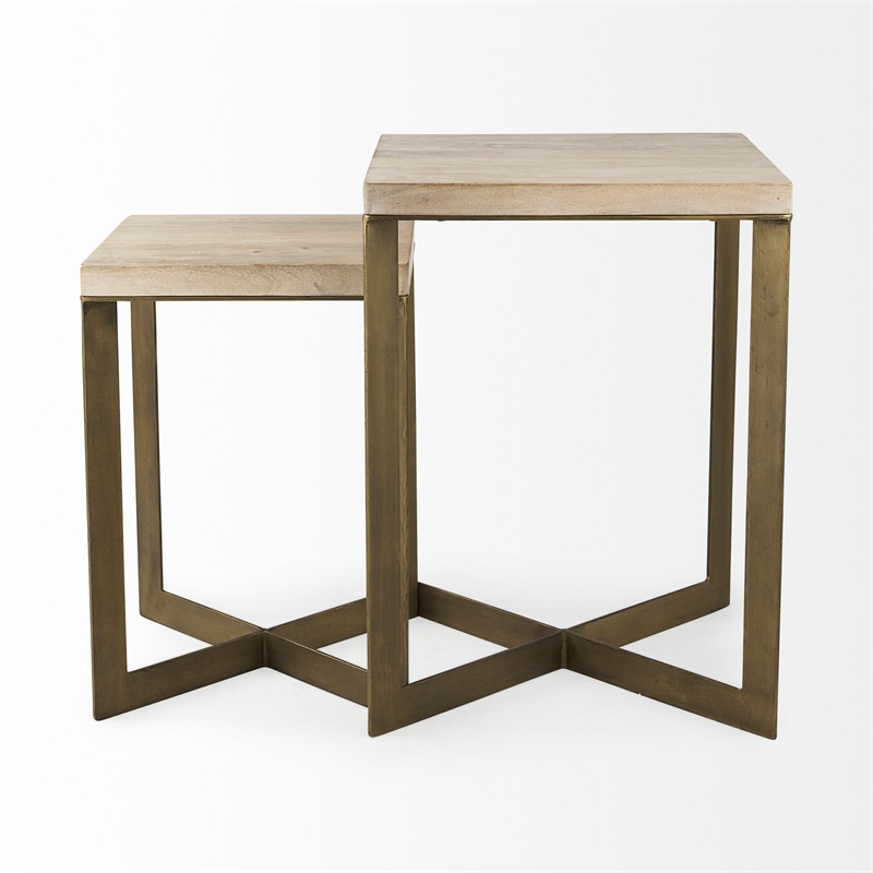 Maklaine Light Brown Wood with Gold Metal Base Accent Tables