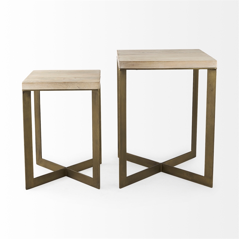 Maklaine Light Brown Wood with Gold Metal Base Accent Tables