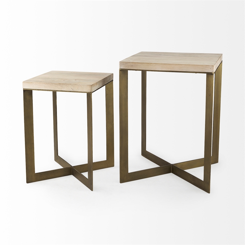 Maklaine Light Brown Wood with Gold Metal Base Accent Tables