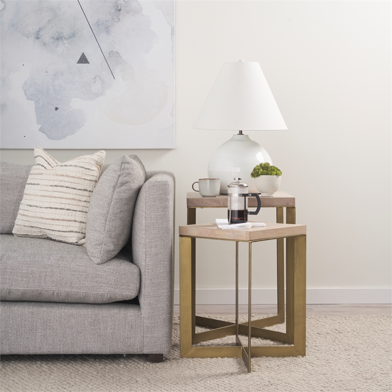 Maklaine Light Brown Wood with Gold Metal Base Accent Tables