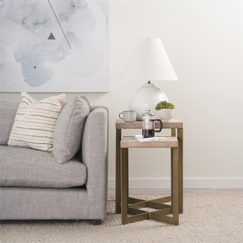 Maklaine Light Brown Wood with Gold Metal Base Accent Tables