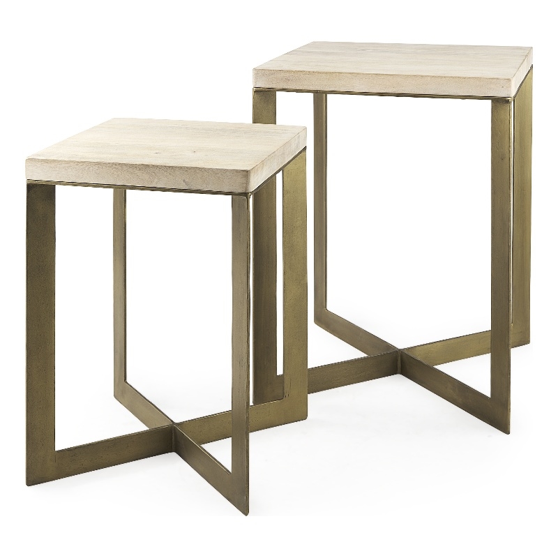 Maklaine Light Brown Wood with Gold Metal Base Accent Tables