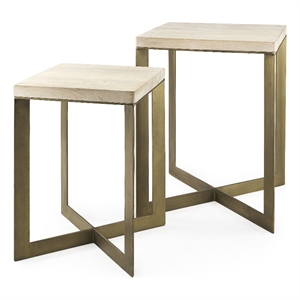 Maklaine Light Brown Wood with Gold Metal Base Accent Tables