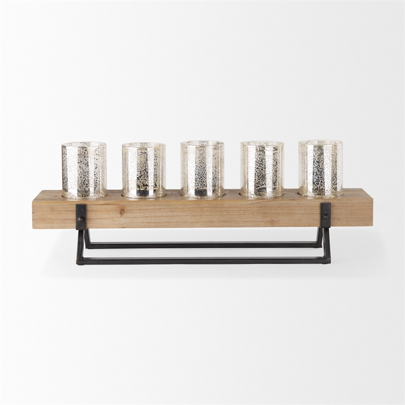 Maklaine Wood And Black Metal Five Cup Candle Holder in Gold
