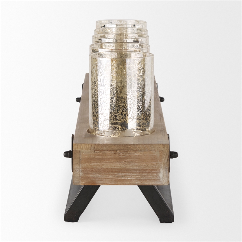 Maklaine Wood And Black Metal Five Cup Candle Holder in Gold