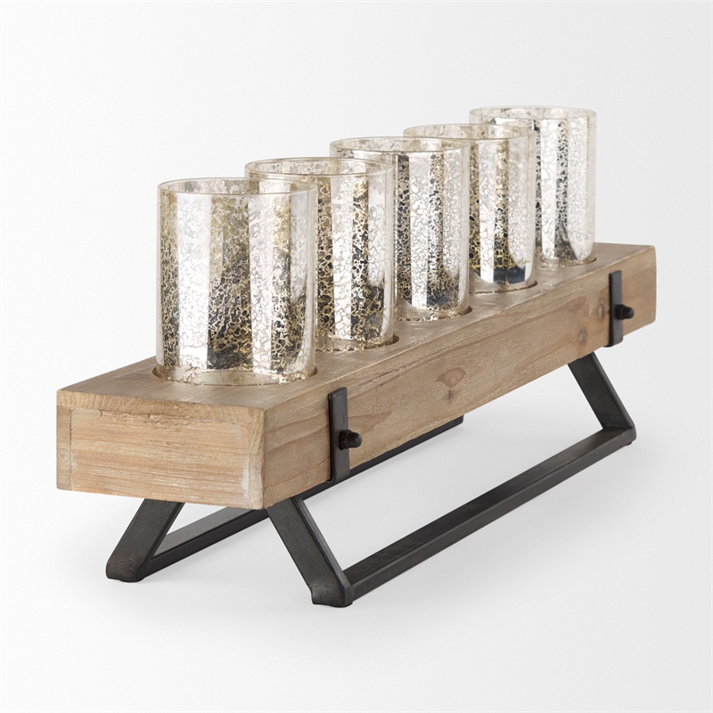 Maklaine Wood And Black Metal Five Cup Candle Holder in Gold