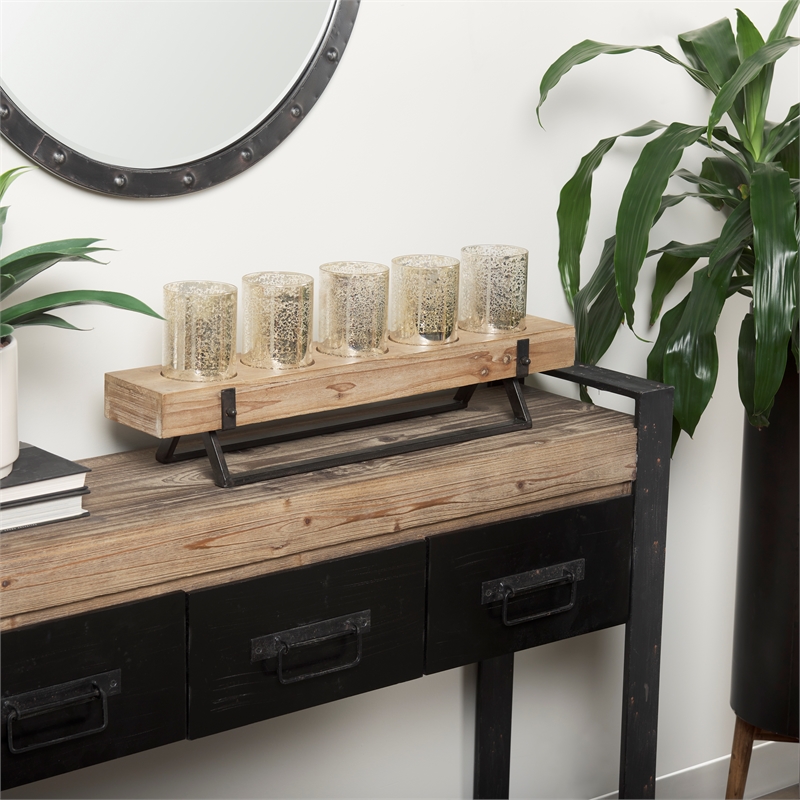 Maklaine Wood And Black Metal Five Cup Candle Holder in Gold