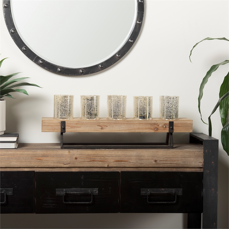 Maklaine Wood And Black Metal Five Cup Candle Holder in Gold