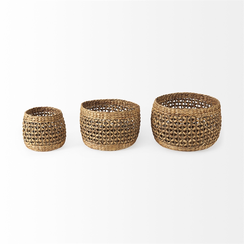Maklaine Modern Medium Brown Seagrass Round Basket- Set of 3