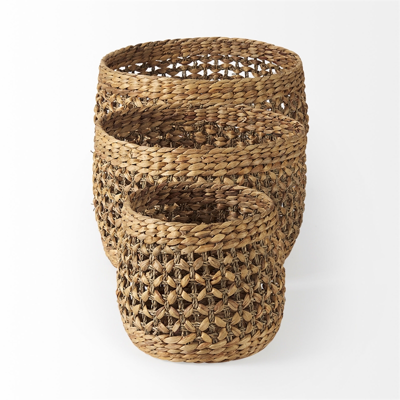 Maklaine Modern Medium Brown Seagrass Round Basket- Set of 3