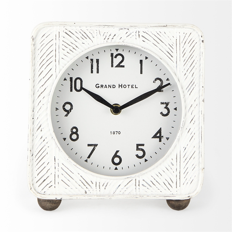 Maklaine 8.0L X 2.8W X 8.8H Rustic White Iron Rounded Square Table Clock
