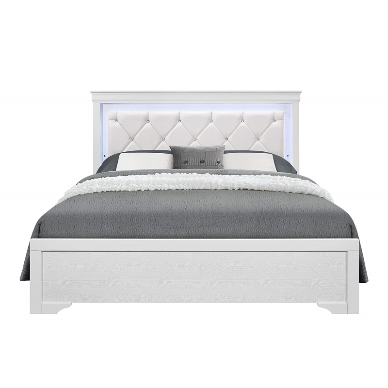 Maklaine Modern Transitional Metallic White Queen Bed w/ LED Light
