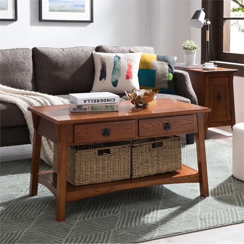 Maklaine Traditional Two Drawer Storage Wood Coffee Table in Russet