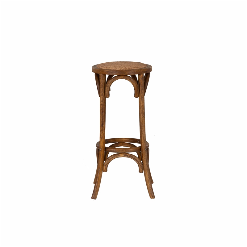 Maklaine Round Backless Bar Stool Woven Seat in Walnut Brown Finished Wood