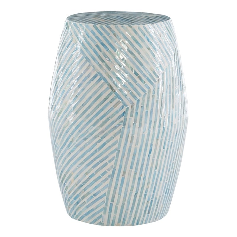 Maklaine Round Drum Table with Capiz Shell Finish in Light Blue/White