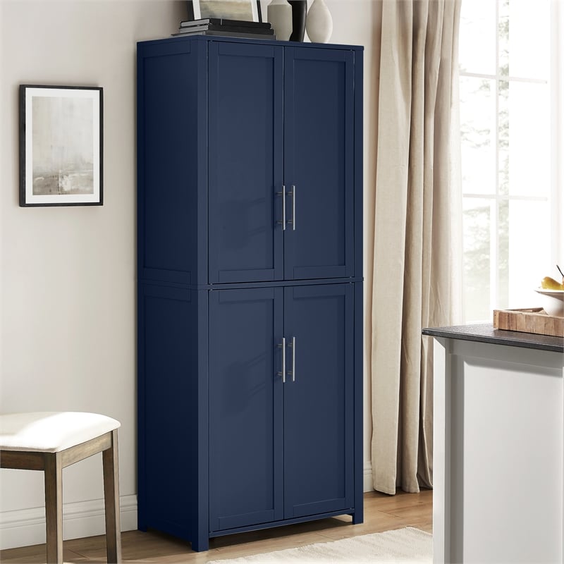 Maklaine Modern Traditional Wood Kitchen Storage Pantry in Navy