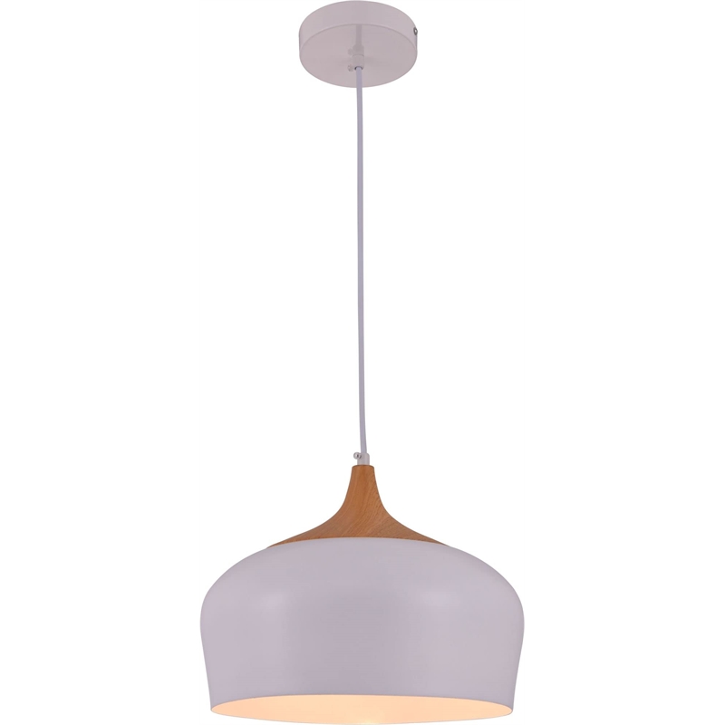 Maklaine Transitional 1 Light Aluminum Pendant in White & Natural Wood