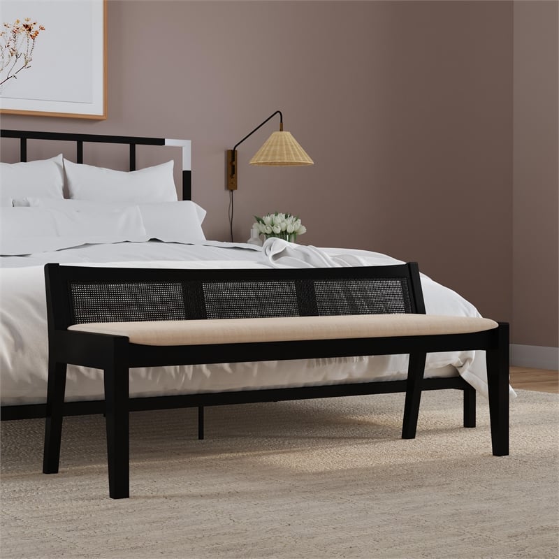 Maklaine Wood Bench Woven Cane Back Beige Padded Seat in Black Finish