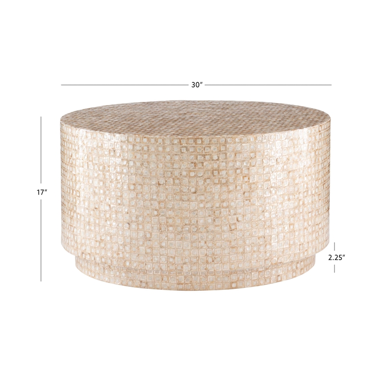 Maklaine Round Coffee/Accent Table in Gold/Ivory Capiz Shell Mosaic Finish
