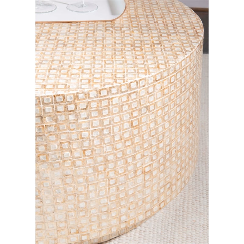 Maklaine Round Coffee/Accent Table in Gold/Ivory Capiz Shell Mosaic Finish