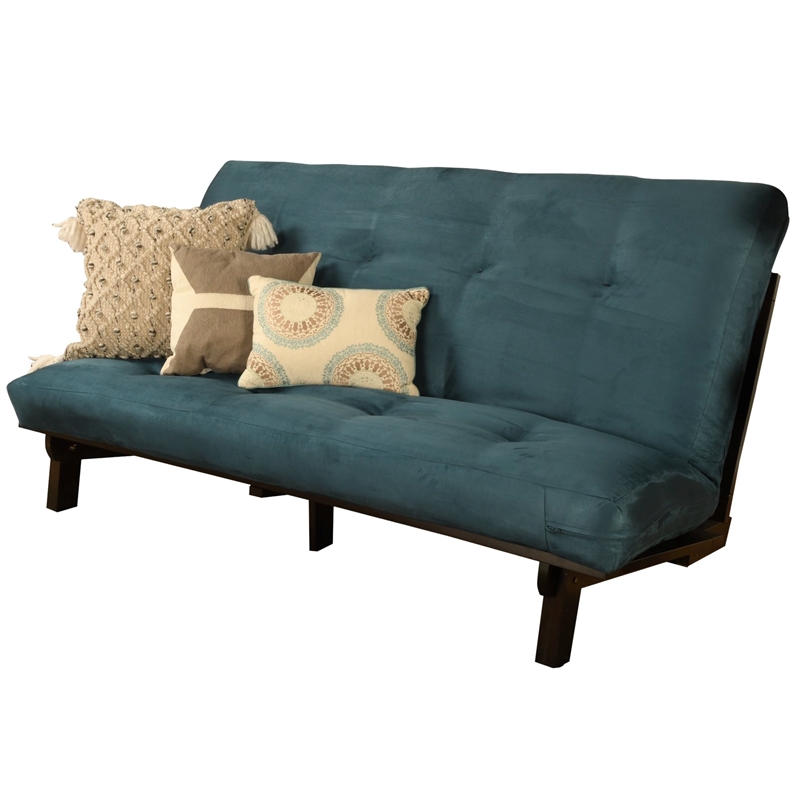 Maklaine Wood Futon in Java Brown Finish with Suede Blue Mattress