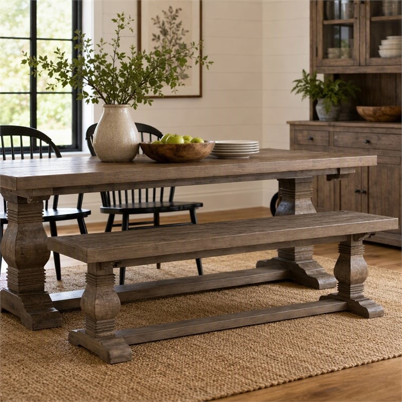 Maklaine Reclaimed Pine Weathered Brown Bench Rectangular Hand Carved Pedestal Base 66