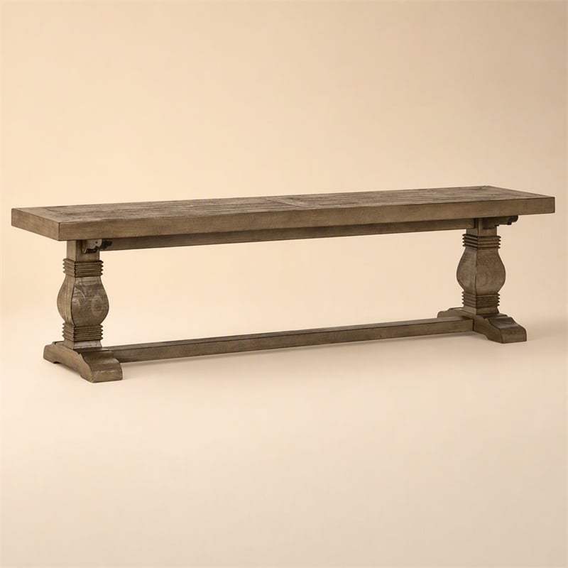 Maklaine Reclaimed Pine Weathered Brown Bench Rectangular Hand Carved Pedestal Base 66