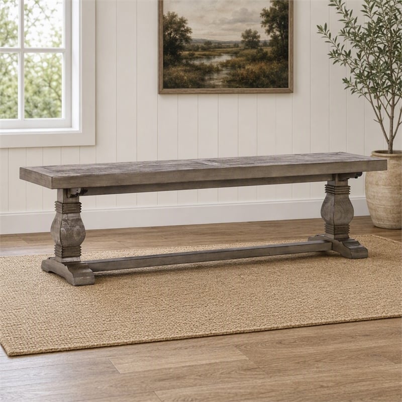 Maklaine Reclaimed Pine Weathered Brown Bench Rectangular Hand Carved Pedestal Base 66