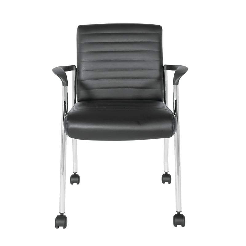 Maklaine Guest Chair in Black Faux Leather with Chrome Frame and Casters