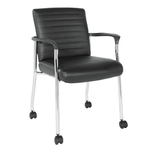 Maklaine Guest Chair in Black Faux Leather with Chrome Frame and Casters