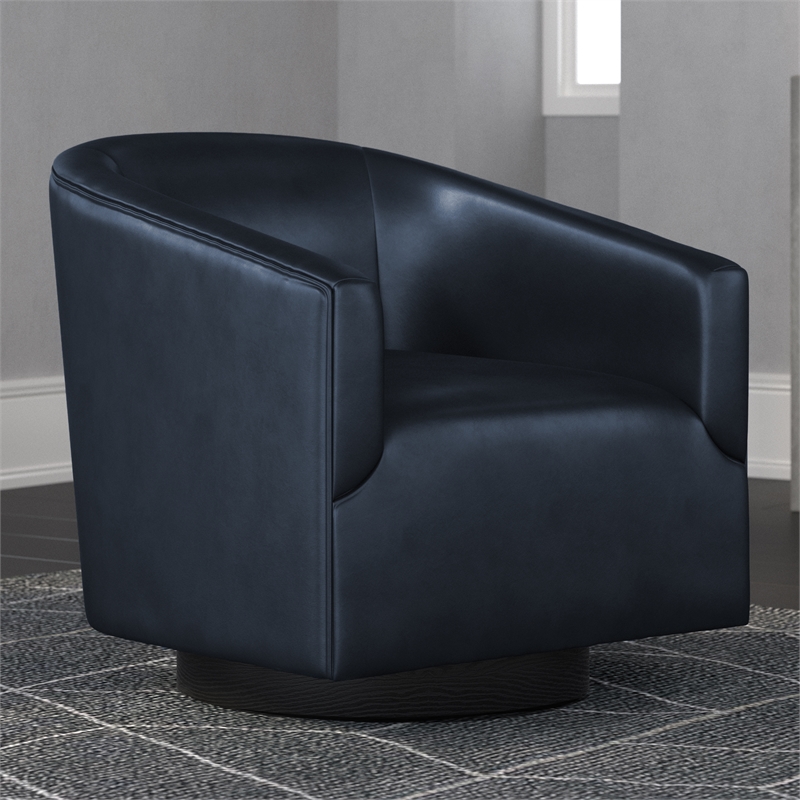 Maklaine Midnight Blue Faux Leather Wood Base Swivel Accent Chair