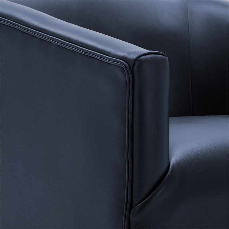 Maklaine Midnight Blue Faux Leather Wood Base Swivel Accent Chair