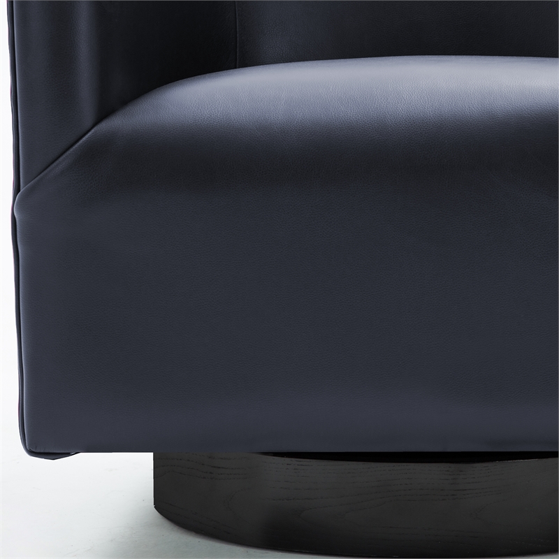 Maklaine Midnight Blue Faux Leather Wood Base Swivel Accent Chair