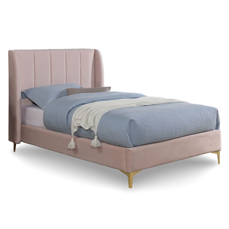 Maklaine Contemporary Fabric Wingback Twin Bed in Light Pink