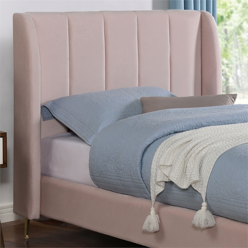 Maklaine Contemporary Fabric Wingback Twin Bed in Light Pink