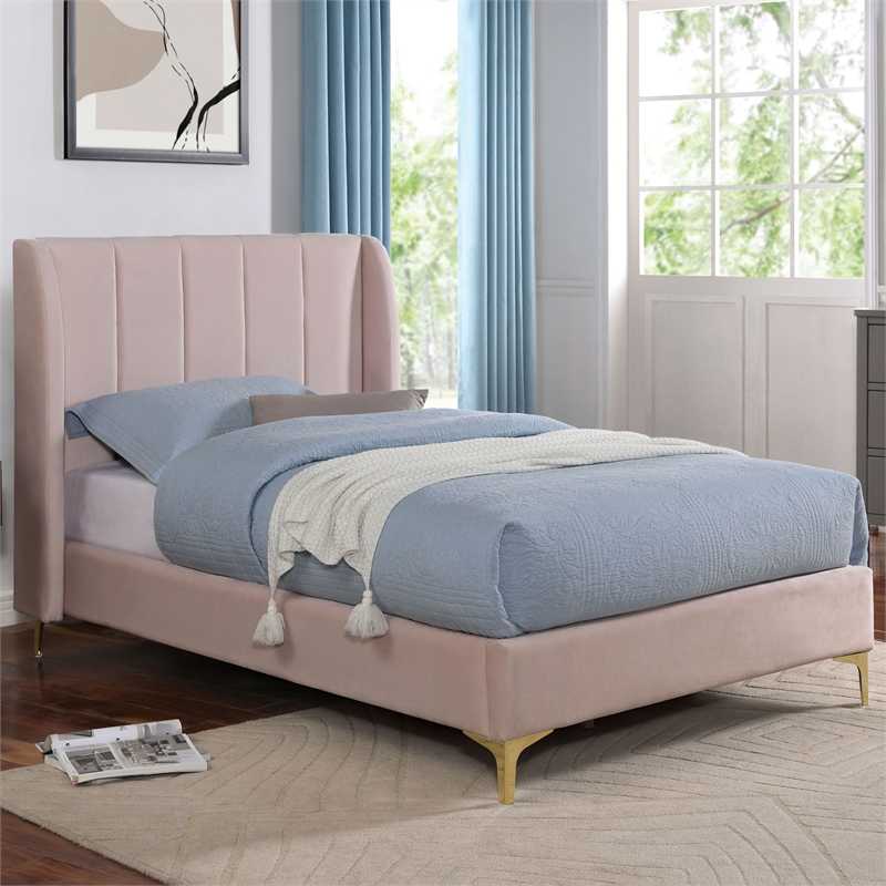 Maklaine Contemporary Fabric Wingback Twin Bed in Light Pink