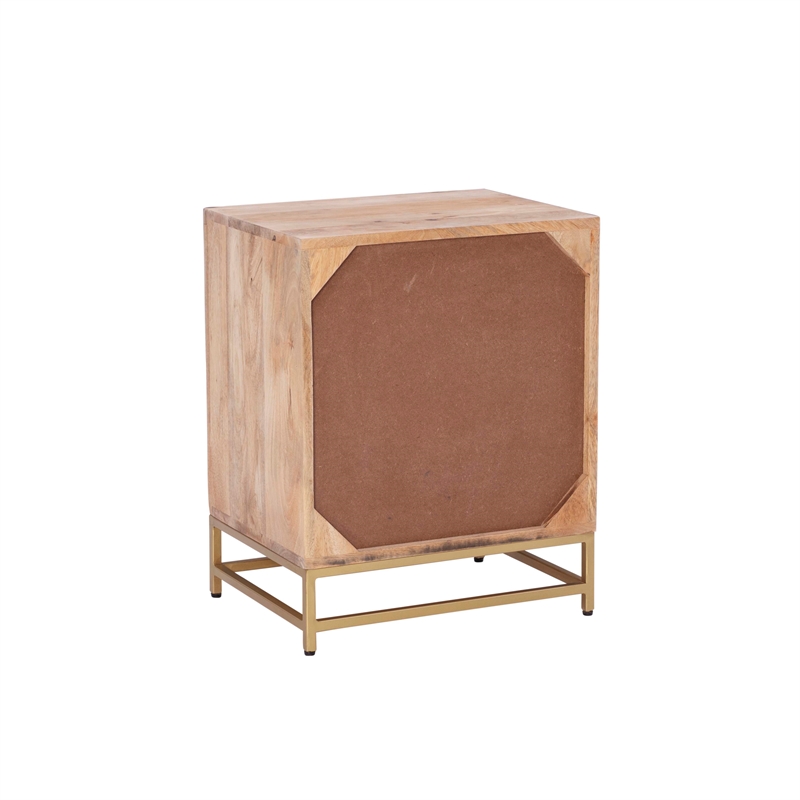 Maklaine Wood 2 Drawer Side Table Cane Detailing Gold Metal Base in Natural