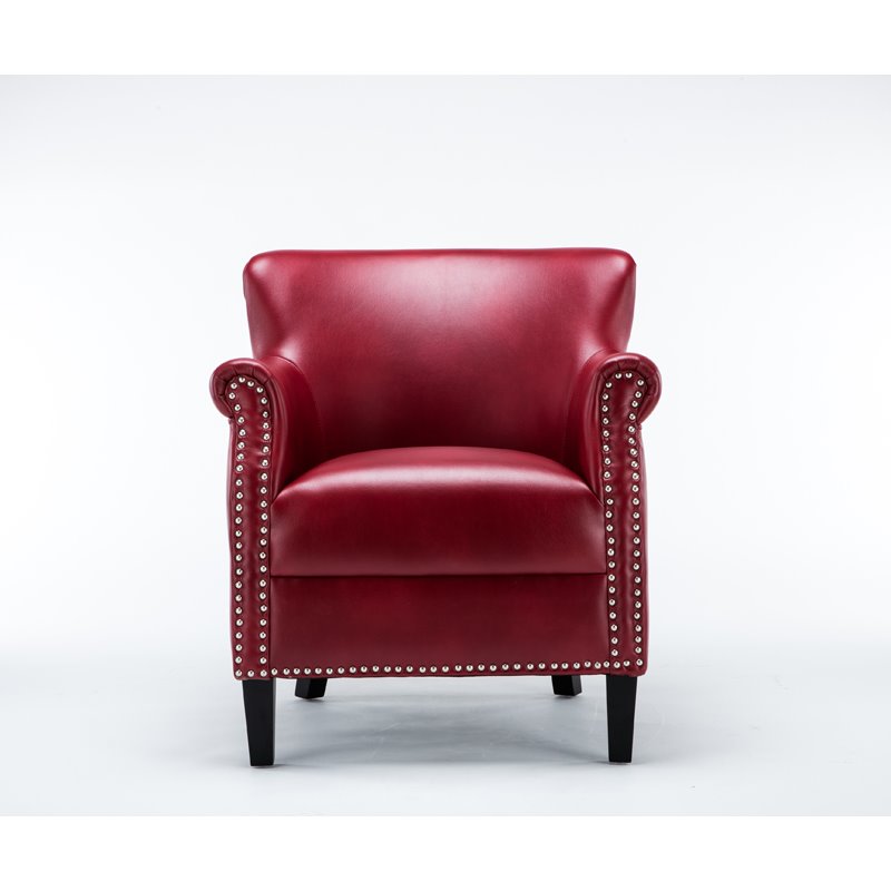 Maklaine Transitional Red Faux Leather Club Chair with Nail Head Trim