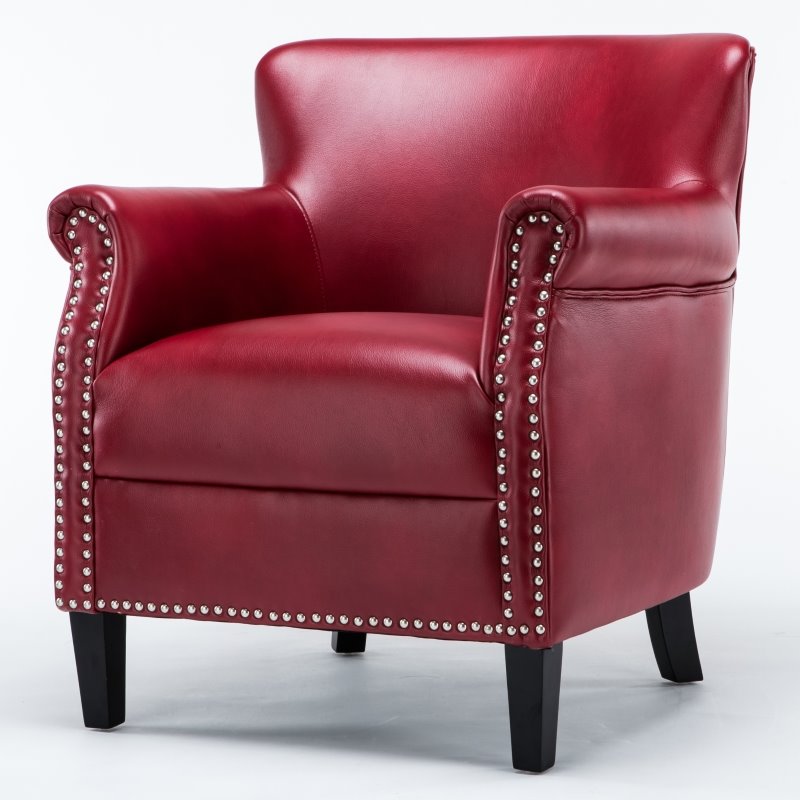 Maklaine Transitional Red Faux Leather Club Chair with Nail Head Trim