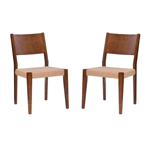 Maklaine Set of 2 Dining Chairs Woven Seat Tapered Leg in Brown Finished Wood